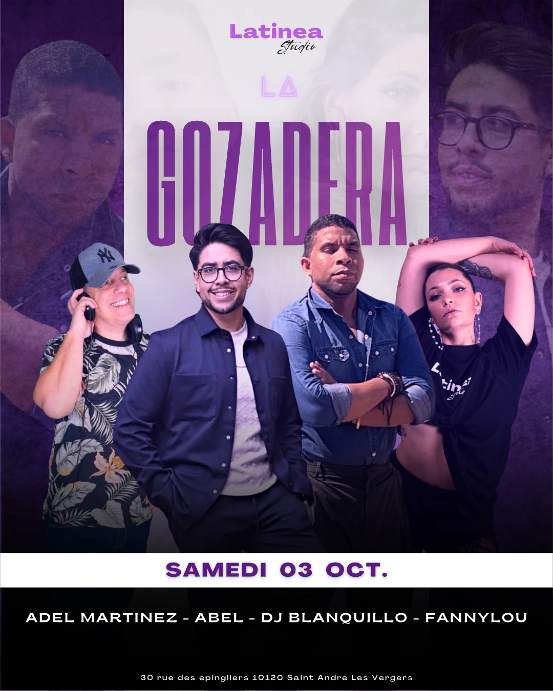 Affiche du stage et de la soirée La Gozadera avec Adel Martinez, Abel et DJ El Blanquillo — école de danse Latinea à Troyes